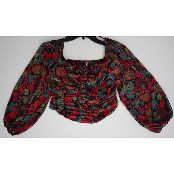 Free People OB1618481 Women's Sz S Black Combo Floral Print Oh Lala Top - Picture 1 of 6
